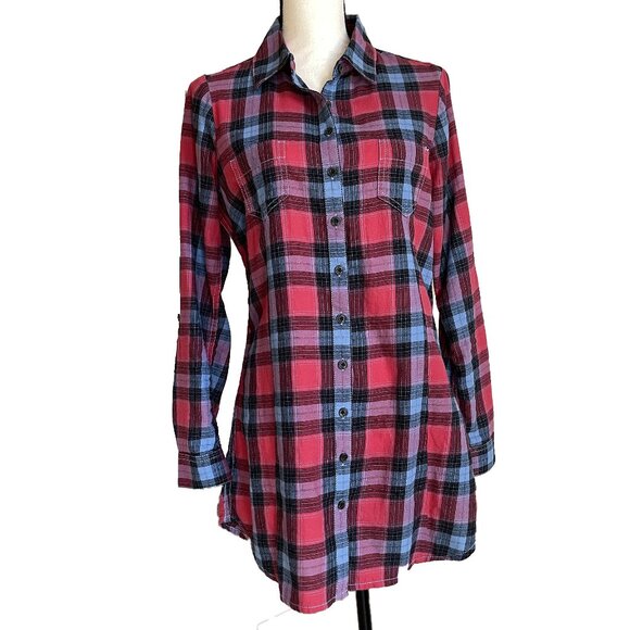 AVENTURA Plaid Tunic Top Shirt Blue Red Size M 100% Organic Cotton Long Sleeve - Picture 3 of 10